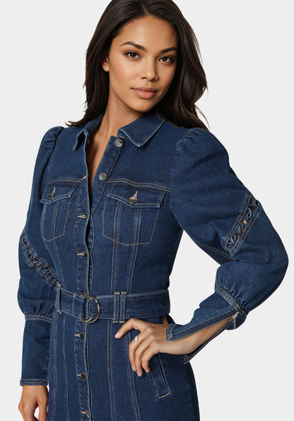Sleeve Detail Front Button Denim Dress