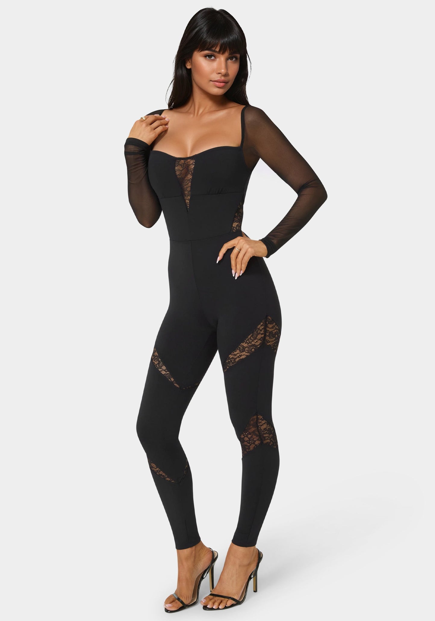 Mesh Sleeve Lace Insert Catsuit
