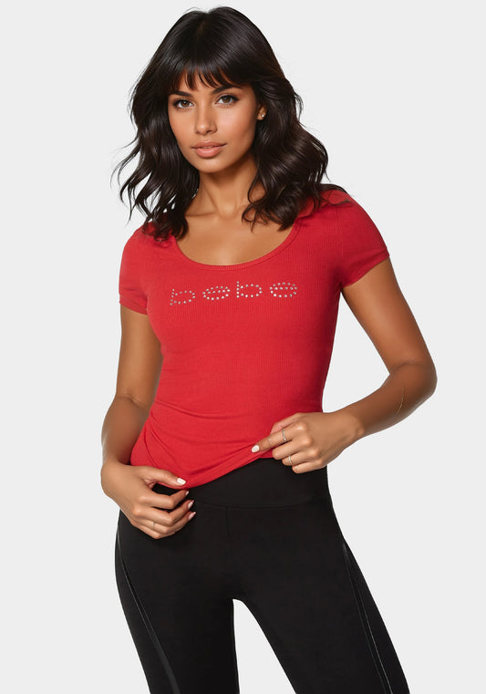 Bebe Logo Short Sleeve Scoop Neck Single Stone Rib Top