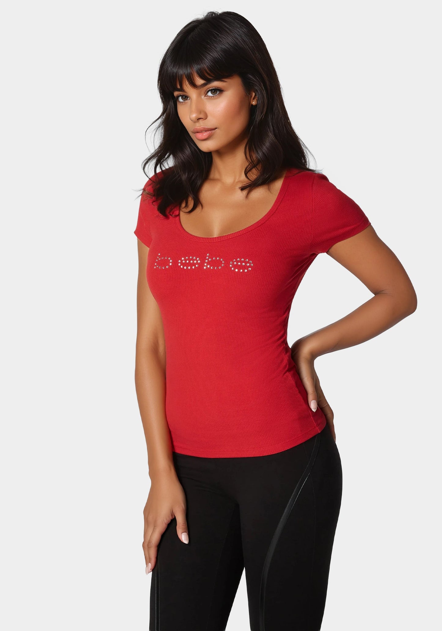 Bebe Logo Short Sleeve Scoop Neck Single Stone Rib Top