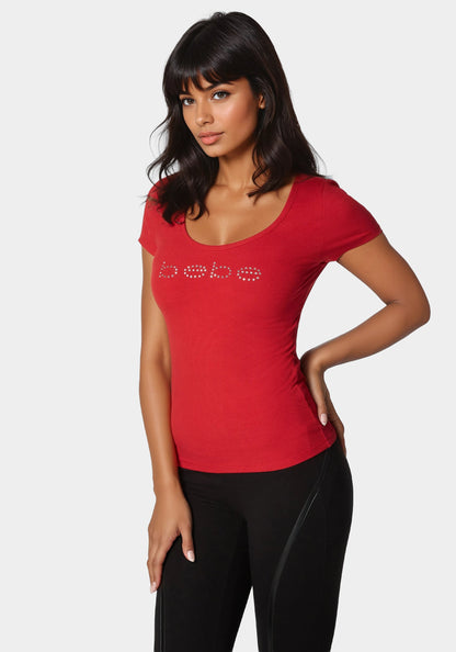 Bebe Logo Short Sleeve Scoop Neck Single Stone Rib Top