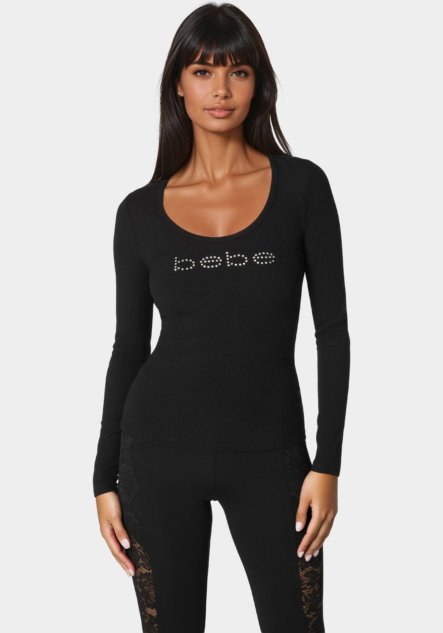 Bebe Logo Long Sleeve Scoop Neck Single Stone Rib Top