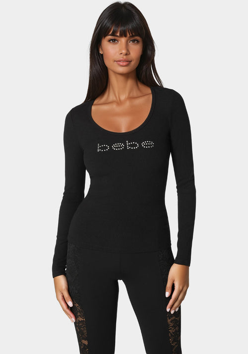 Bebe Logo Long Sleeve Scoop Neck Single Stone Rib Top