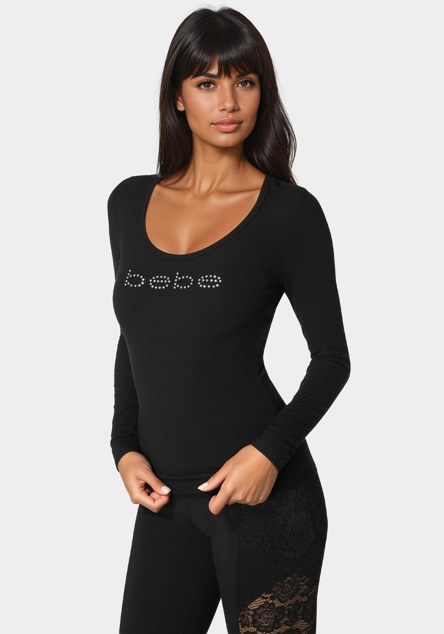 Bebe Logo Long Sleeve Scoop Neck Single Stone Rib Top