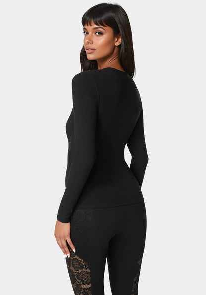 Bebe Logo Long Sleeve Scoop Neck Single Stone Rib Top