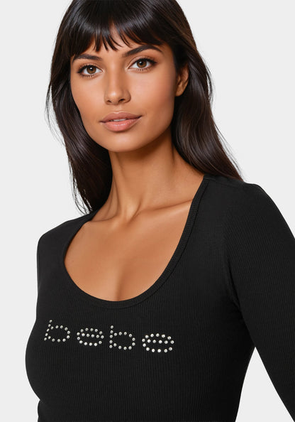 Bebe Logo Long Sleeve Scoop Neck Single Stone Rib Top