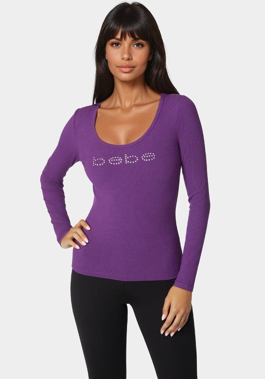 Bebe Logo Long Sleeve Scoop Neck Single Stone Rib Top
