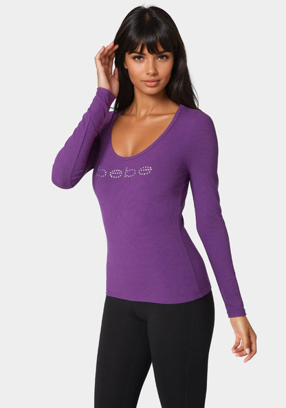 Bebe Logo Long Sleeve Scoop Neck Single Stone Rib Top