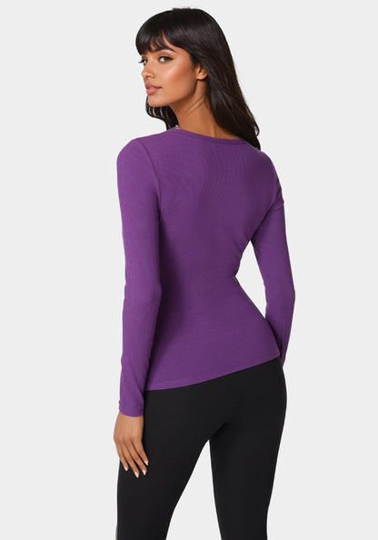 Bebe Logo Long Sleeve Scoop Neck Single Stone Rib Top