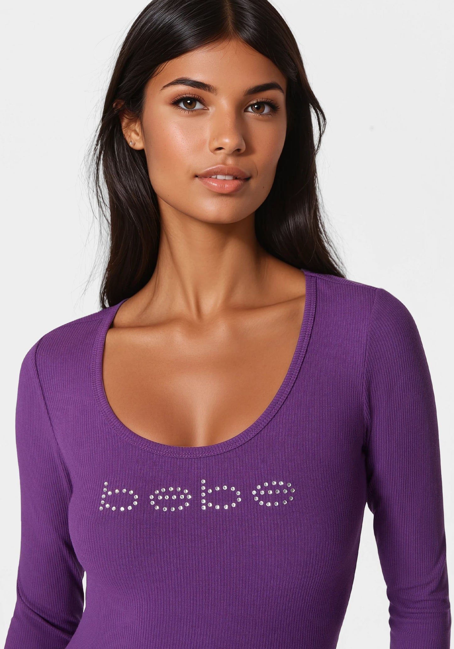Bebe Logo Long Sleeve Scoop Neck Single Stone Rib Top