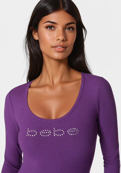 Bebe Logo Long Sleeve Scoop Neck Single Stone Rib Top