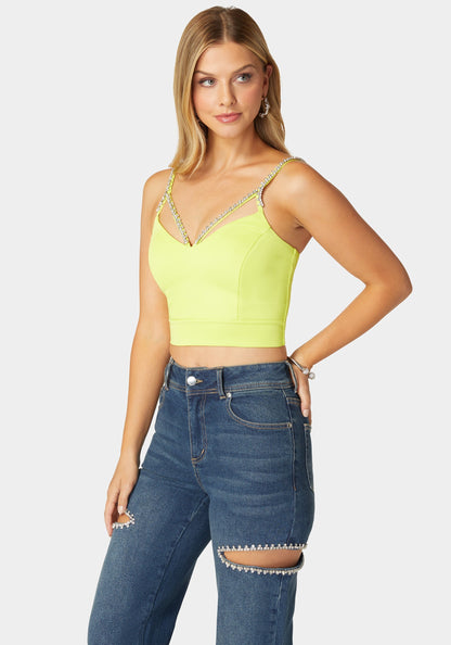 Rhinestone Trim Sleeveless Knit Top