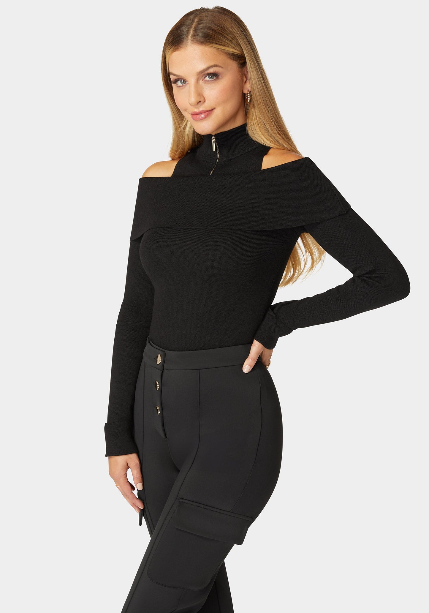 Mock Neck Zip Detail Cold Shoulder Sweater