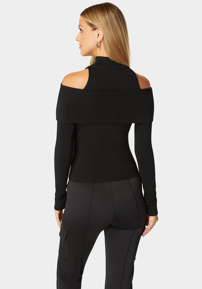 Mock Neck Zip Detail Cold Shoulder Sweater