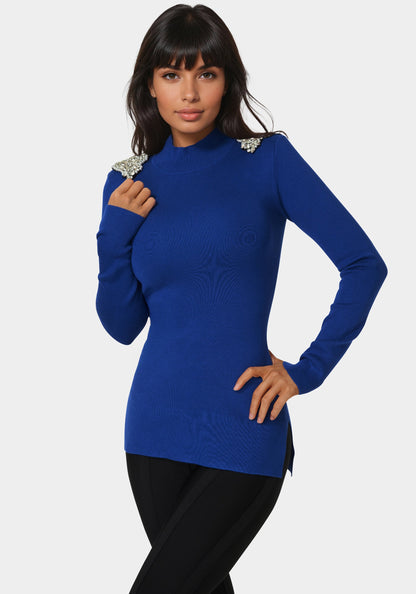 Embellished Mock Neck Tunic Sweater