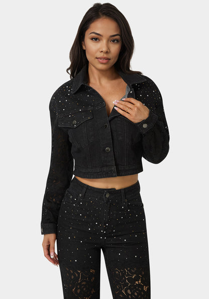 Drop Shoulder Embellished Lace Denim Jacket