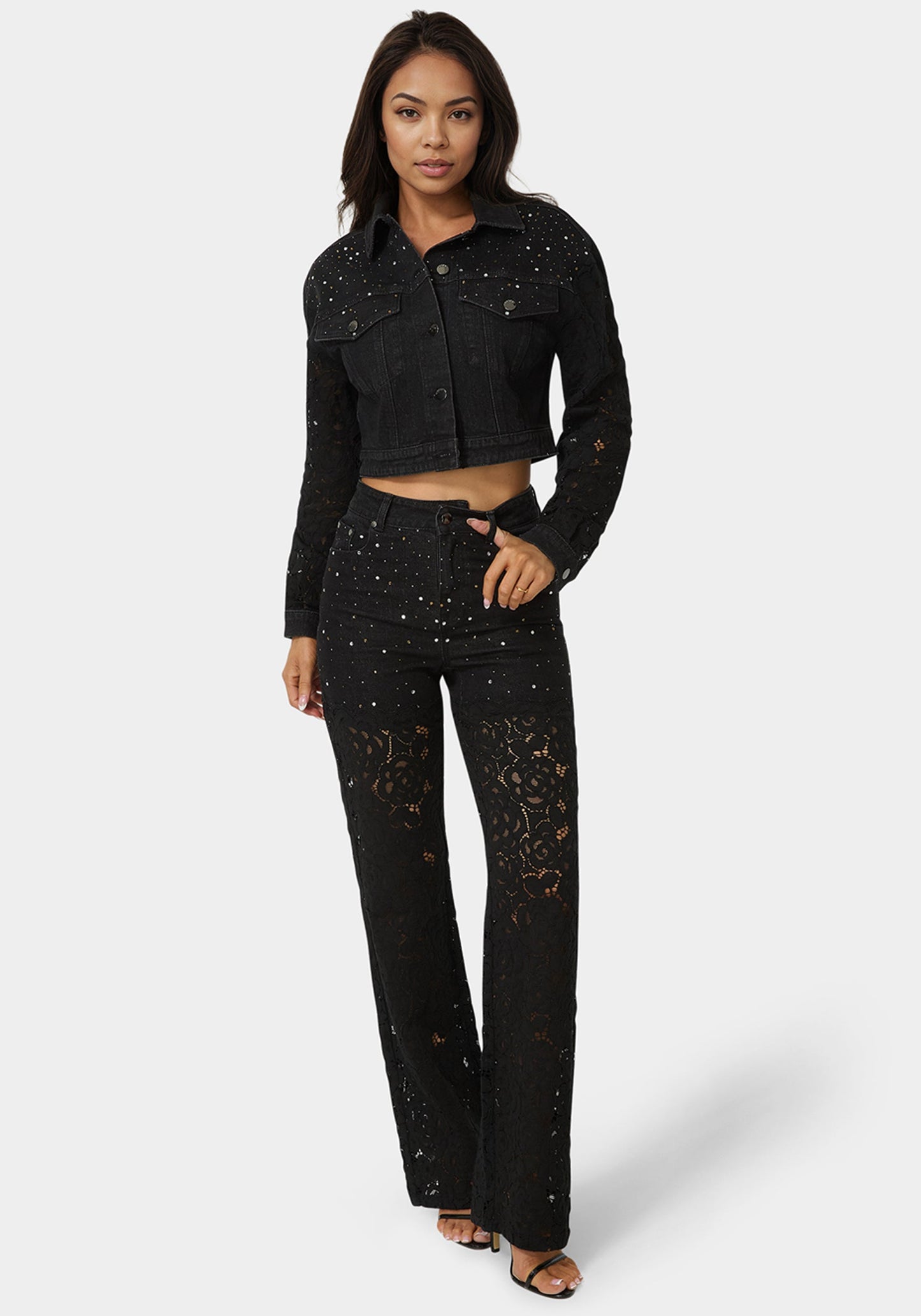 Drop Shoulder Embellished Lace Denim Jacket
