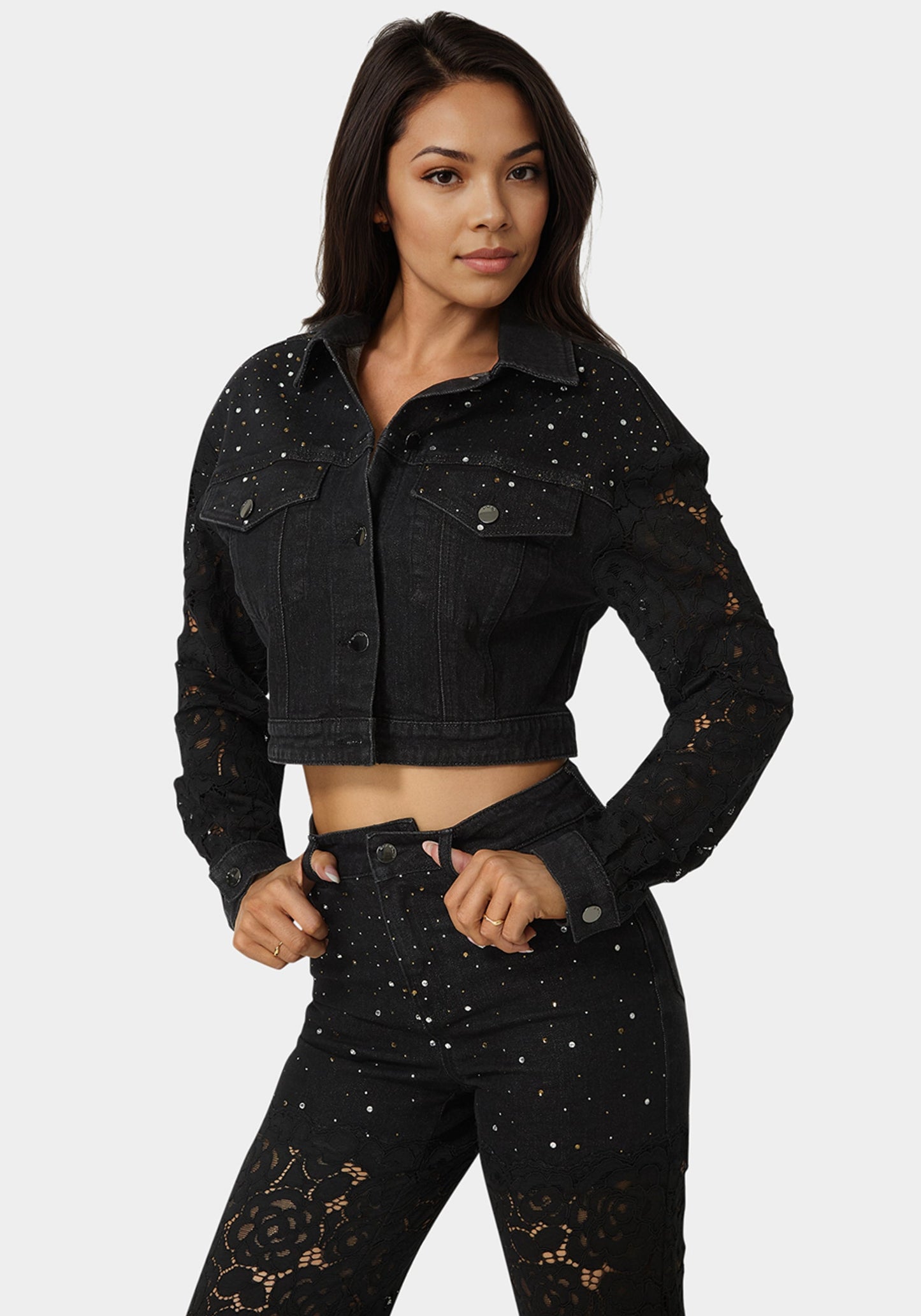 Drop Shoulder Embellished Lace Denim Jacket