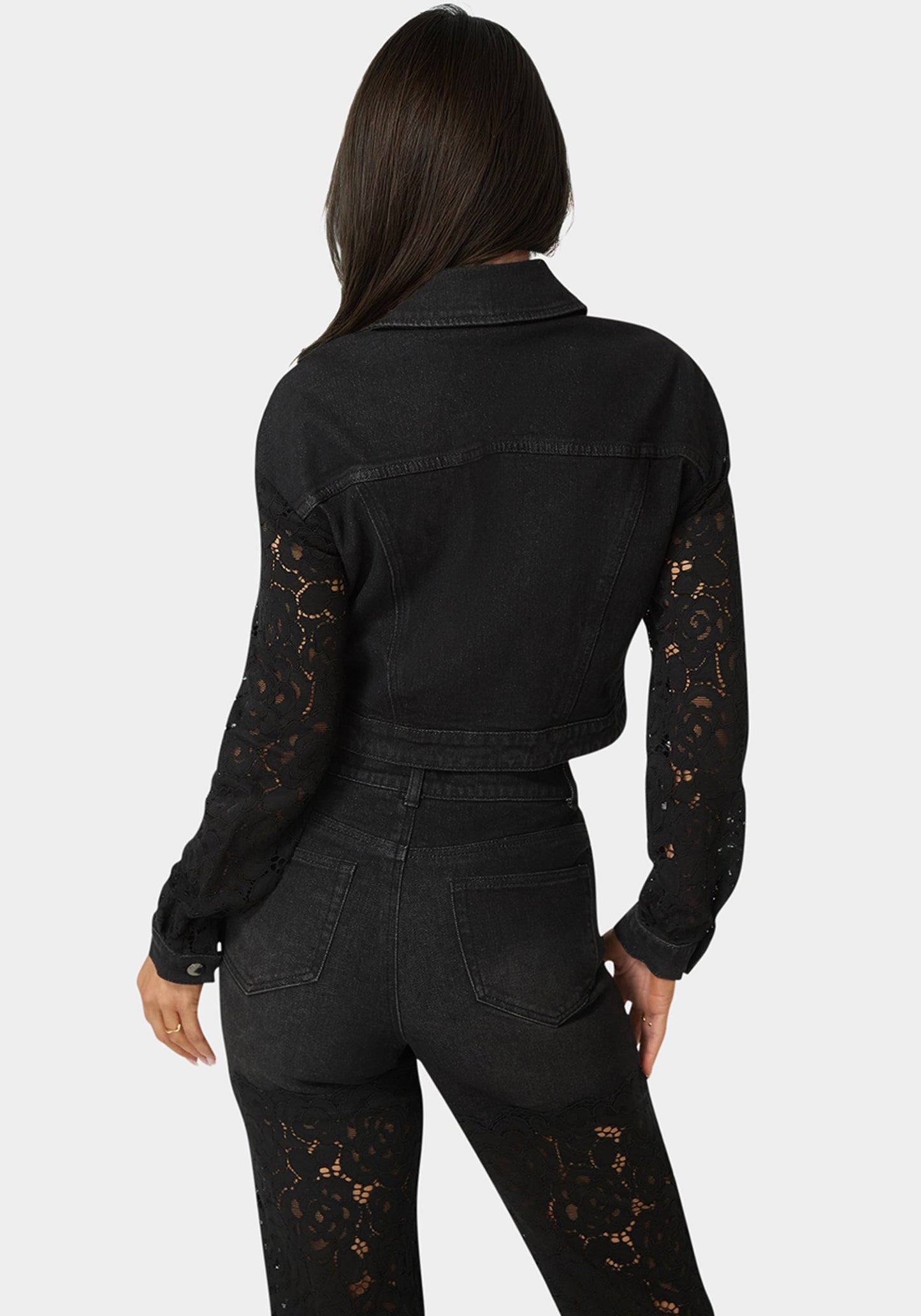 Drop Shoulder Embellished Lace Denim Jacket