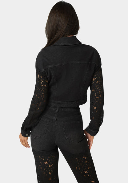 Drop Shoulder Embellished Lace Denim Jacket