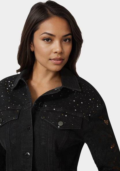 Drop Shoulder Embellished Lace Denim Jacket