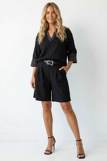 Briony 3/4 Sleeve Contrast Stitch Top Black