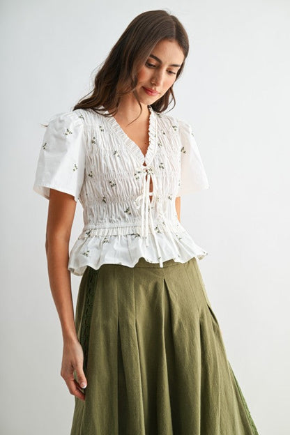 Lane Short Sleeve Front Tie Floral Print Peplum Top White
