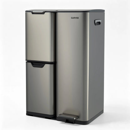 Garvee 16 gal 3 Compartment Trash Can, 3-in-1 Stainless Steel Garbage Can with Soft-Close Lid, Removable Inner Buckets