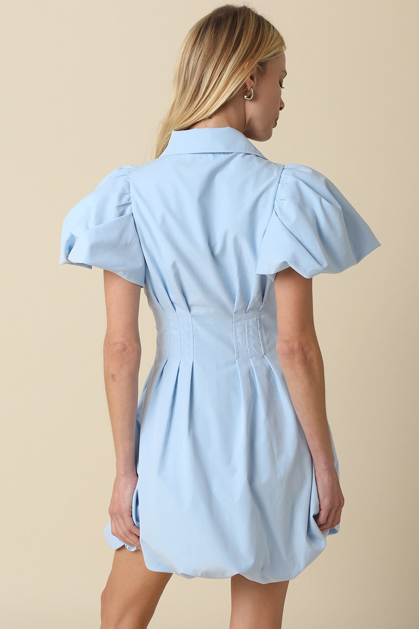 Queenie Short Bubble Sleeve Zip Up Mini Dress Blue