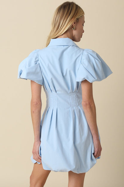 Queenie Short Bubble Sleeve Zip Up Mini Dress Blue