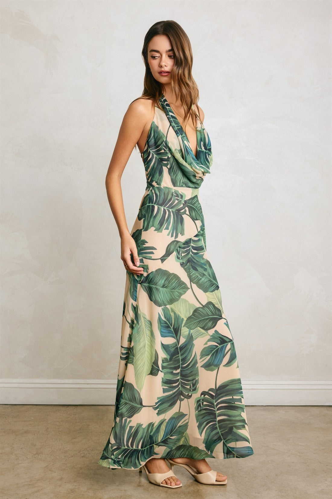 Jules Sleeveless Halter Open Back Tropical Print Maxi Dress Green