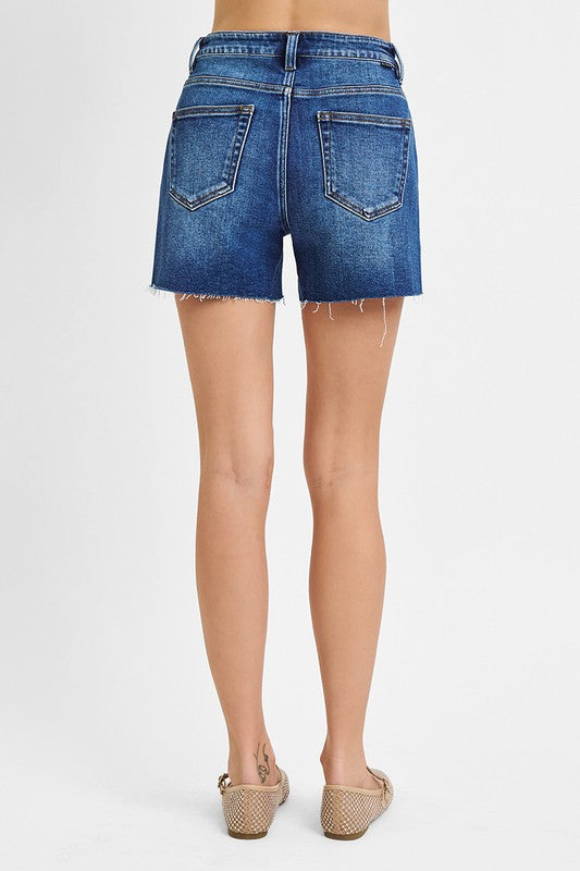 Teresa High Rise Raw Hem Denim Shorts Dark Wash