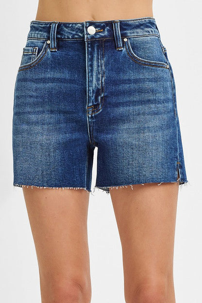Teresa High Rise Raw Hem Denim Shorts Dark Wash