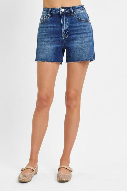 Teresa High Rise Raw Hem Denim Shorts Dark Wash