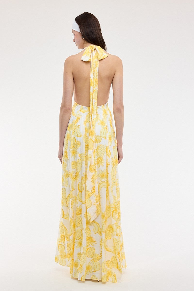 Yvette Sleeveless Halter Open Back Fruit Print Maxi Dress Yellow