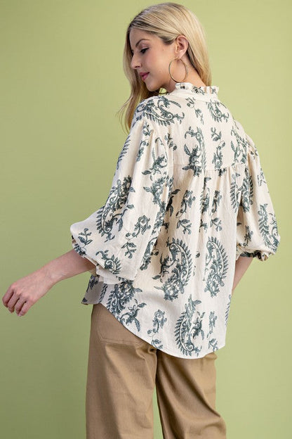 Florence Balloon Sleeve Button Down Printed Top Navy