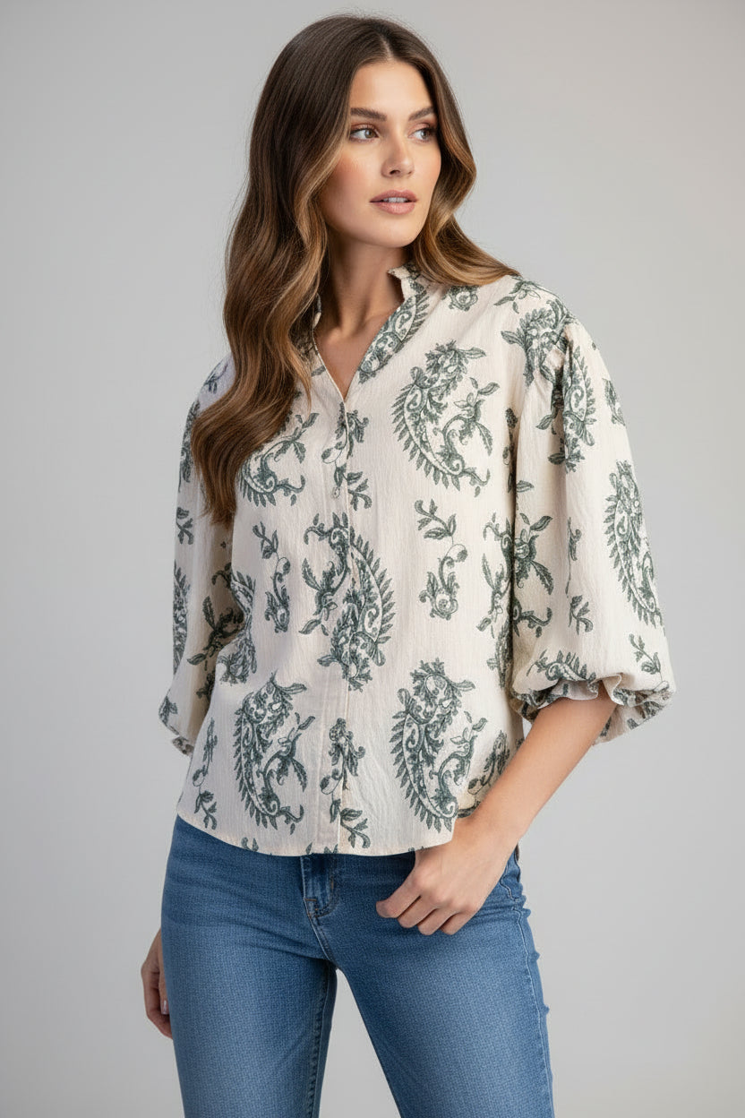 Florence Balloon Sleeve Button Down Printed Top Navy