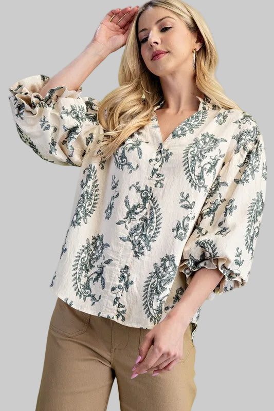Florence Balloon Sleeve Button Down Printed Top Navy