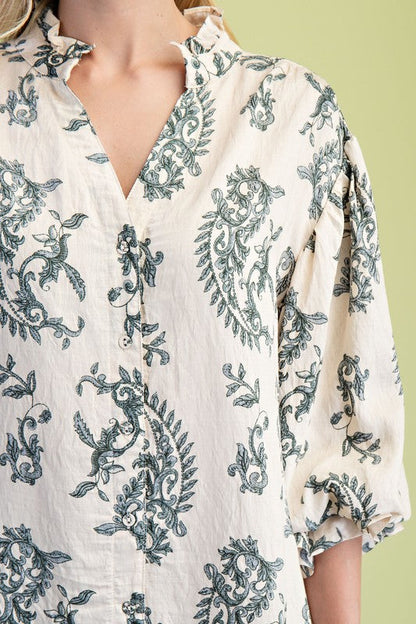 Florence Balloon Sleeve Button Down Printed Top Navy