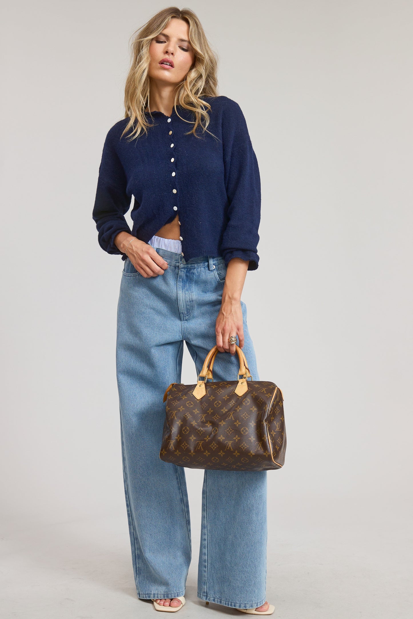 Tanya Long Sleeve Button Down Knit Cardigan Navy