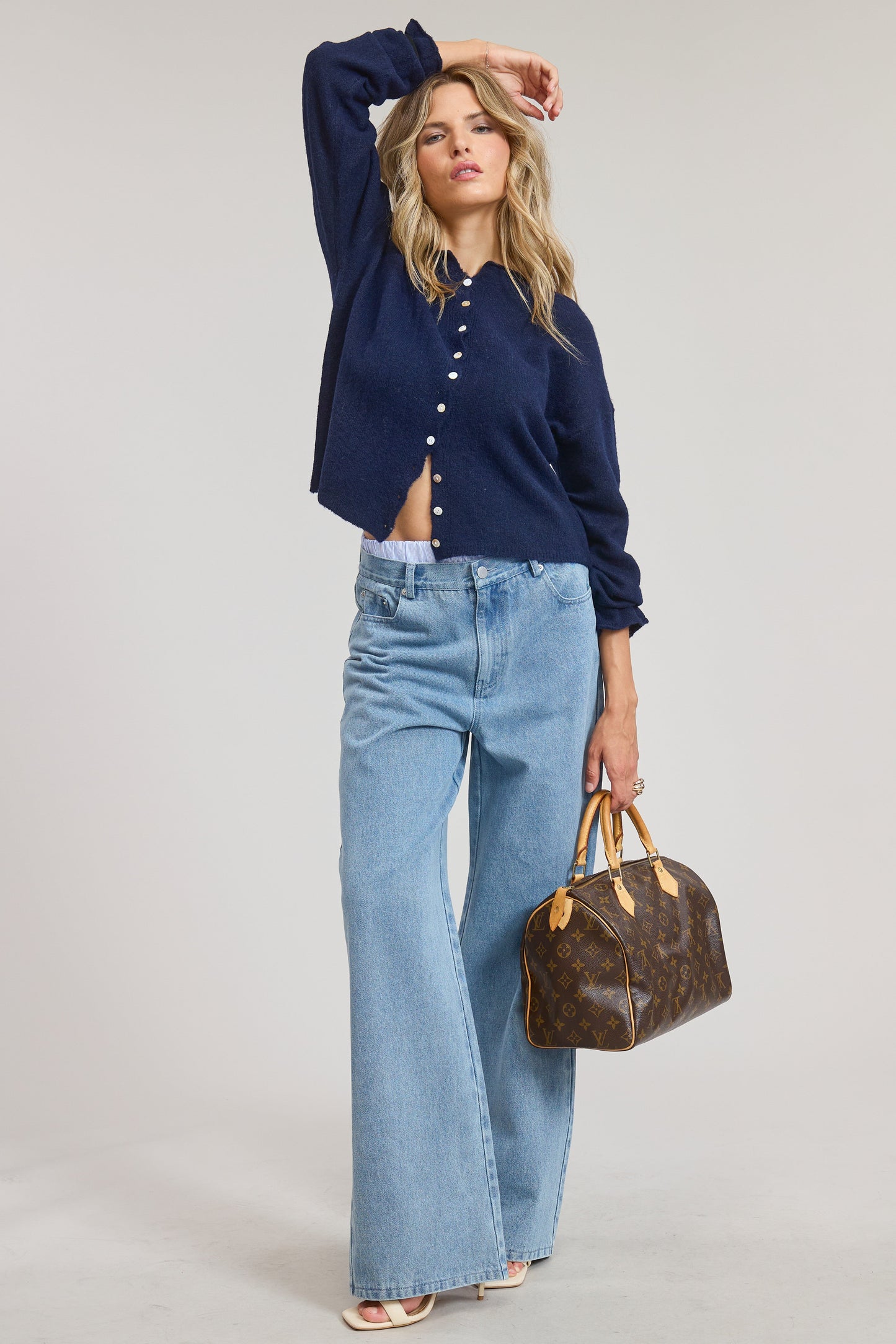 Tanya Long Sleeve Button Down Knit Cardigan Navy