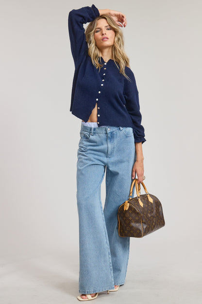 Tanya Long Sleeve Button Down Knit Cardigan Navy