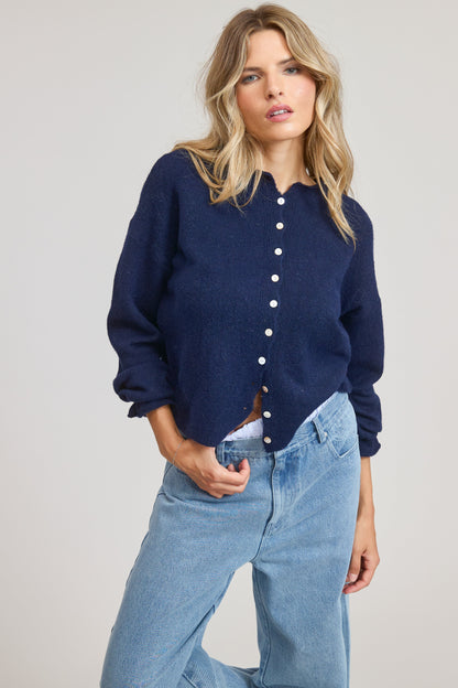Tanya Long Sleeve Button Down Knit Cardigan Navy