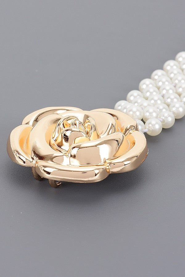 Bonnie Faux Pearl Metal Flower Buckle Stretch Belt Gold