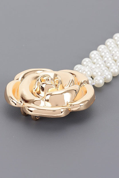 Bonnie Faux Pearl Metal Flower Buckle Stretch Belt Gold
