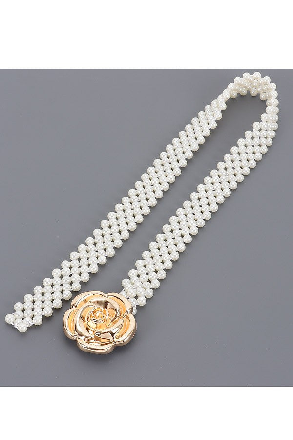 Bonnie Faux Pearl Metal Flower Buckle Stretch Belt Gold