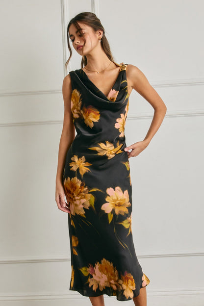 Jovie Sleeveless Floral Print Midi Dress Black