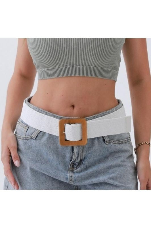 Corinne Large Wooden Rectangle Woven Belt White