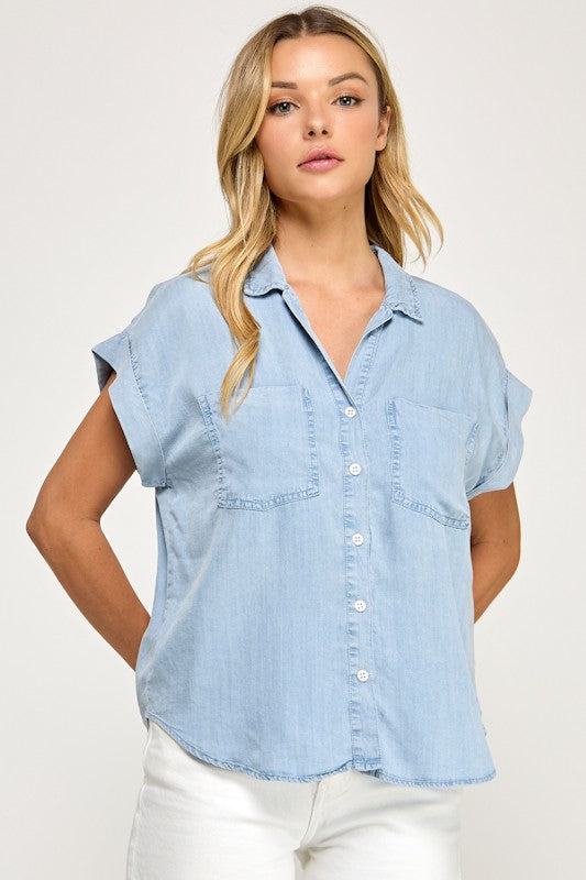 Kiki Short Sleeve Button Down Top Blue