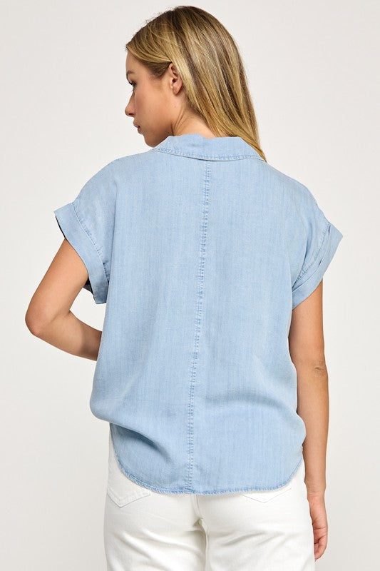 Kiki Short Sleeve Button Down Top Blue